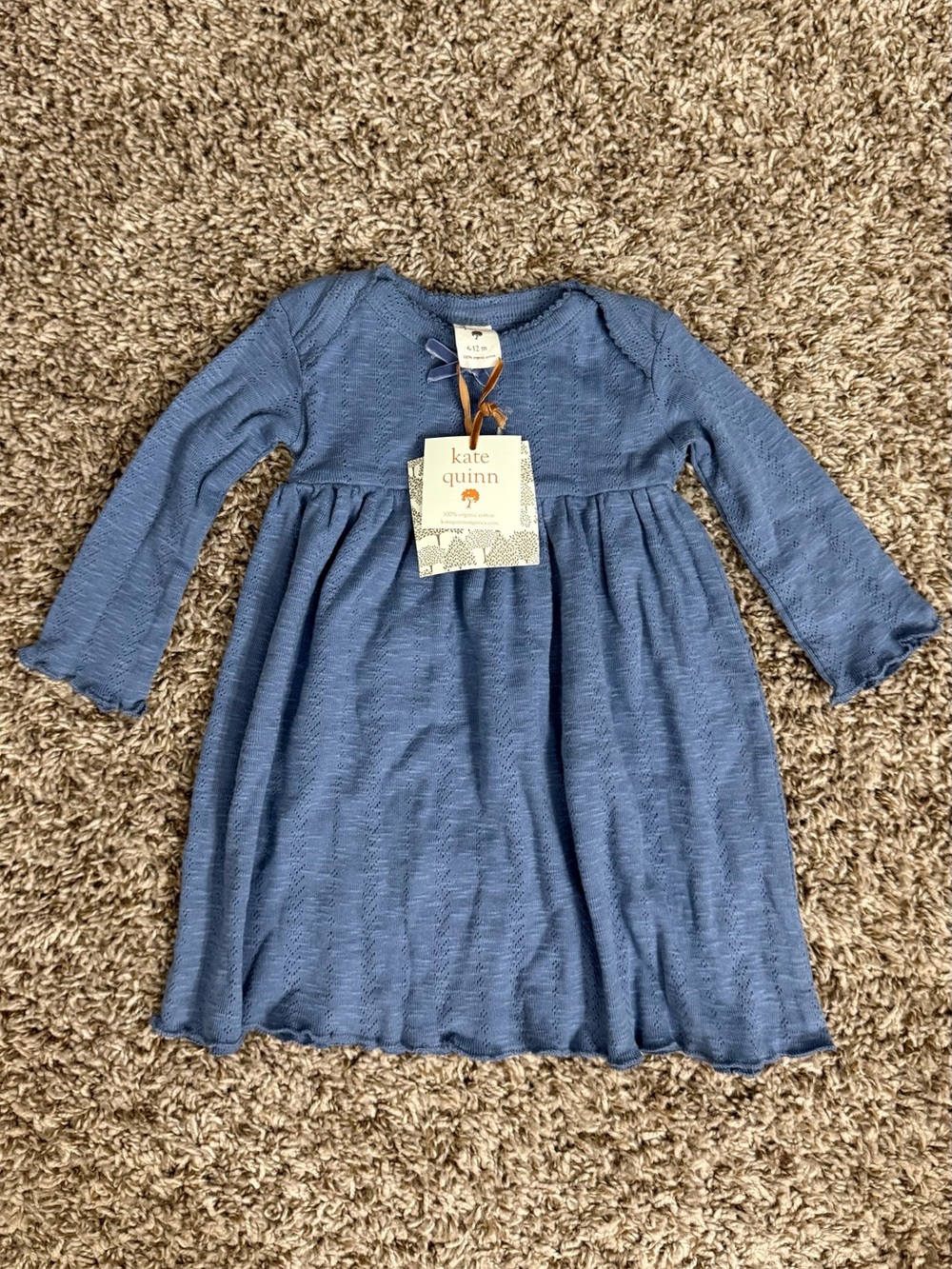 Kate Quinn Organic Cotton Long Sleeve Dress Baby Girl Size 6-12 Months Blue Bow